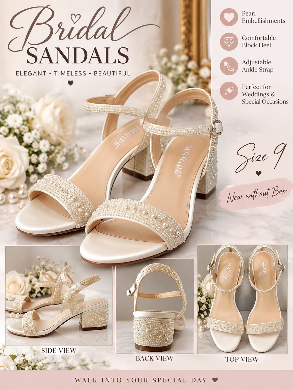 A134. Maripé Embellished Block Heel Sandals Cream & Gold US 9 New